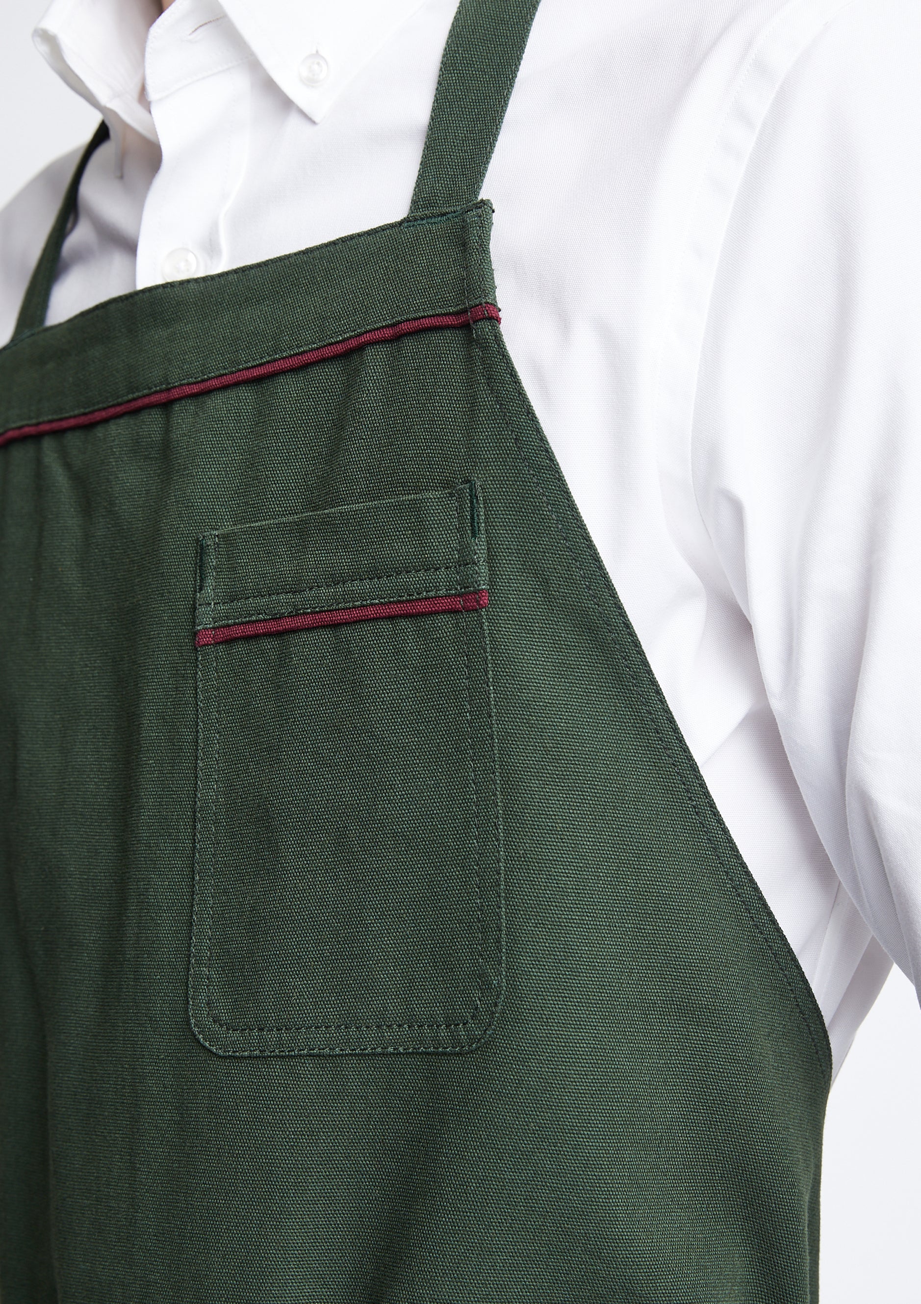Austin Canvas Halter Apron in Forest Green with Burgundy Piping