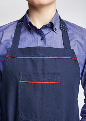 Tulsa Canvas Halter (Neck Strap) Bib Apron in Navy with Red Piping