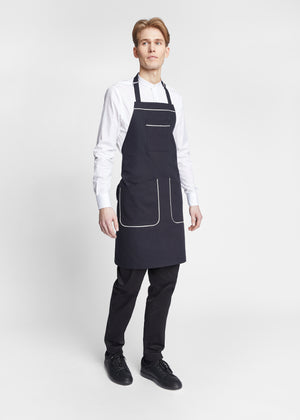 Tulsa Canvas Halter (Neck Strap) Bib Apron in Black with White Piping