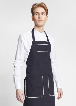 Tulsa Canvas Halter (Neck Strap) Bib Apron in Black with White Piping