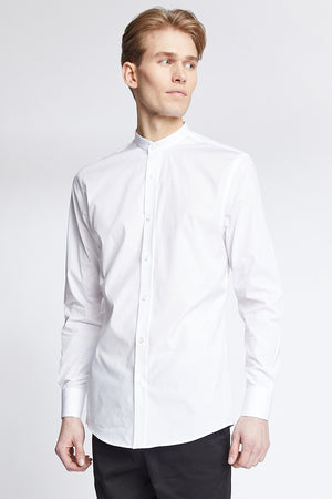 White Stretch Poplin Shirt with Band Collar