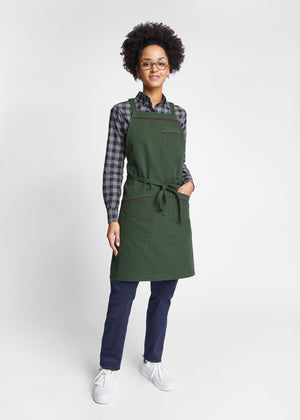 Austin Canvas Cross-Back Apron in Forest Green with Burgundy Piping