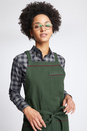 Austin Canvas Cross-Back Apron in Forest Green with Burgundy Piping