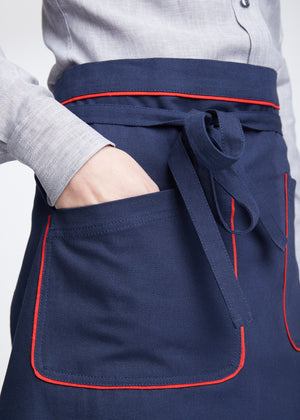 Tulsa Canvas Waist Apron in Navy with Red Piping